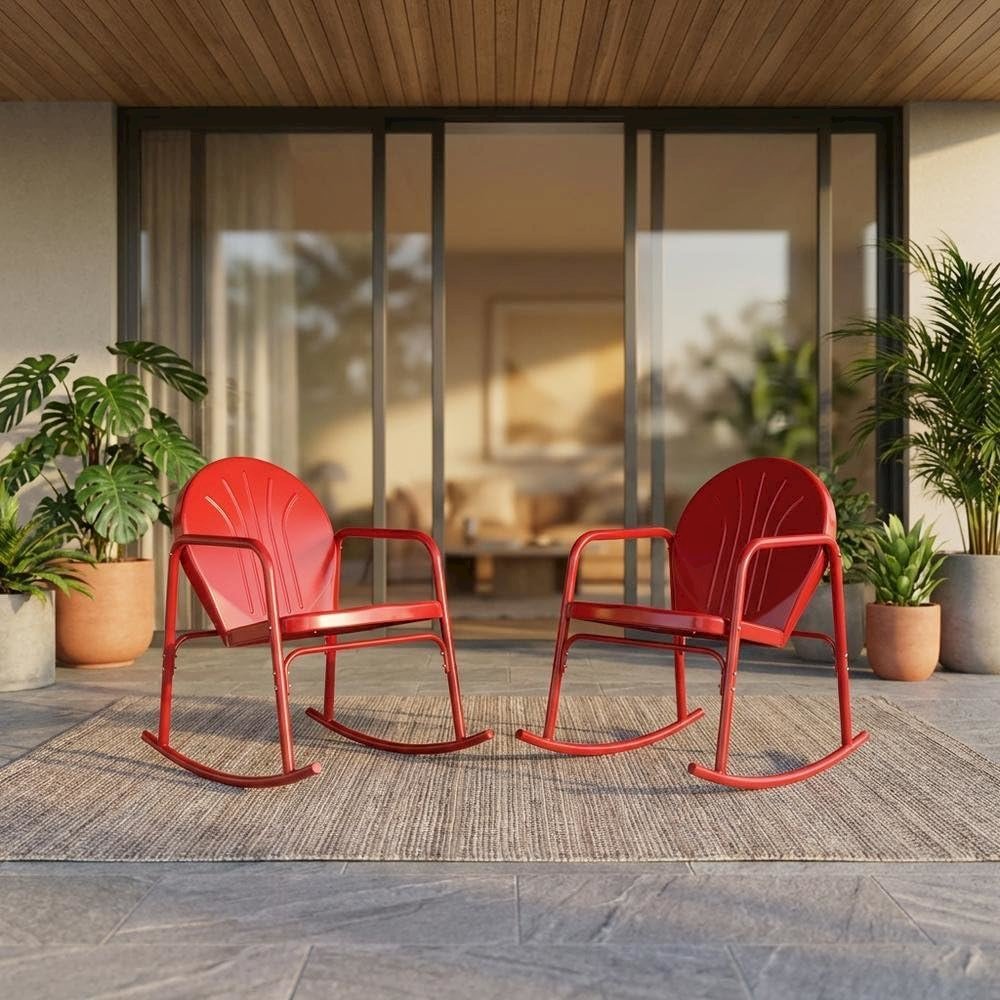 Bright Red Gloss Rocking Chair Set with Comfortable Armrests and Durable Build. Picture 2