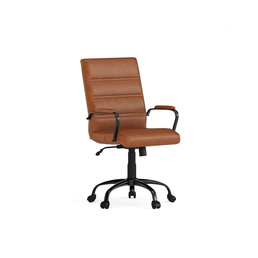 Mid-Back Brown LeatherSoft Executive Swivel Office Chair with Black Frame and Arms. Picture 1
