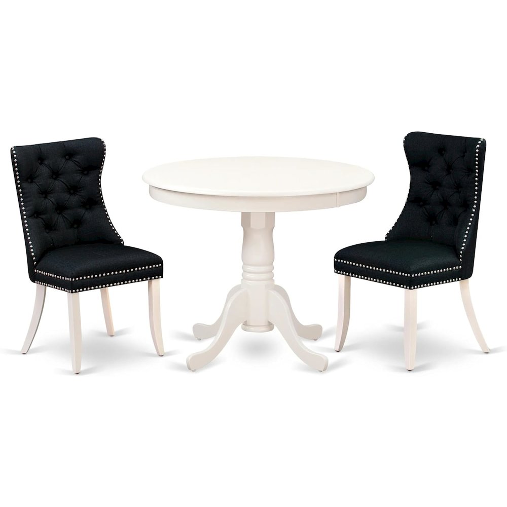 East West Furniture ANDA3-LWH-24 3 Piece Dining Set Includes a Round Kitchen Table with Pedestal and 2 Upholstered Chairs, Linen White. Picture 1