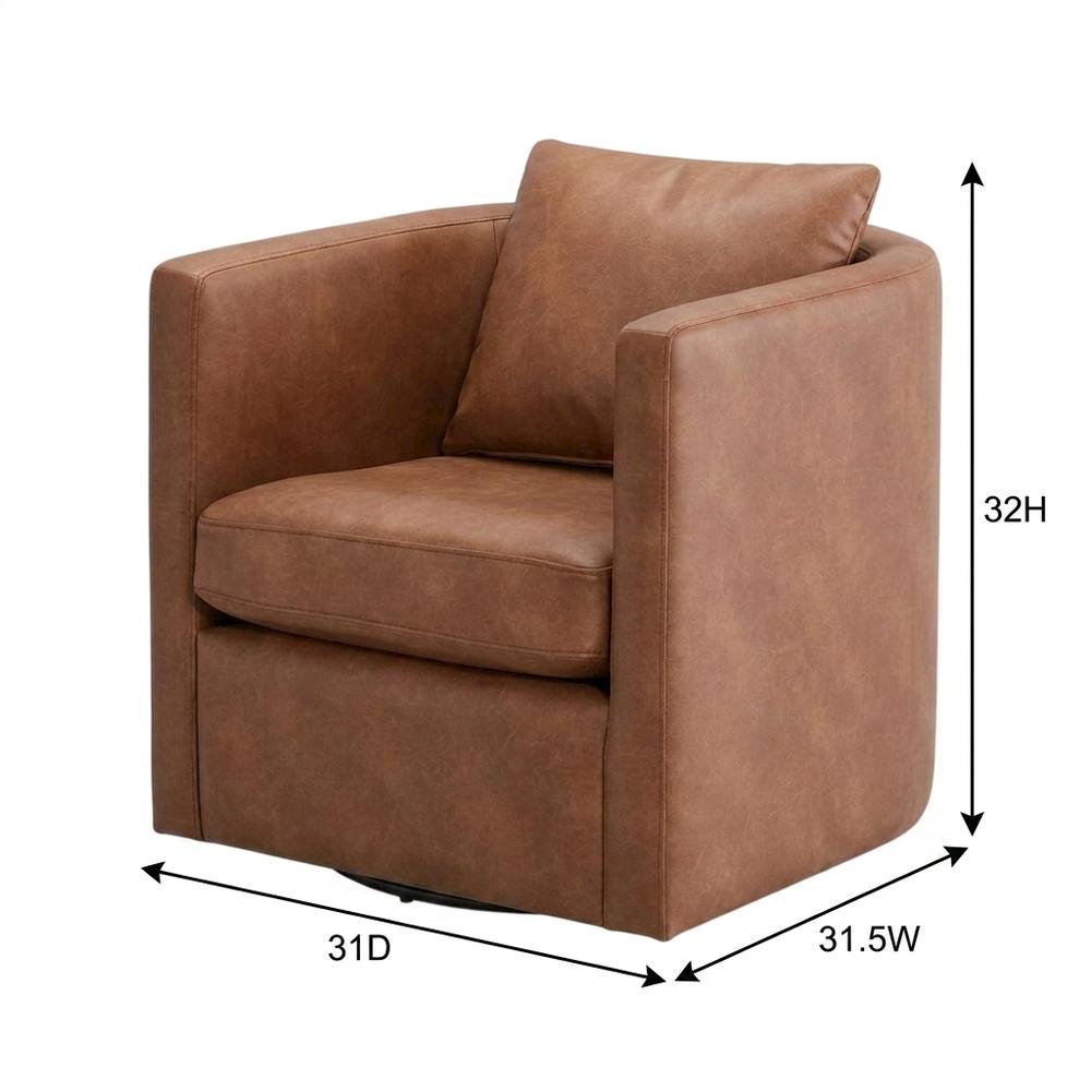 Brown Faux Leather Swivel Barrel Chair with Cushioned Seat. Picture 8