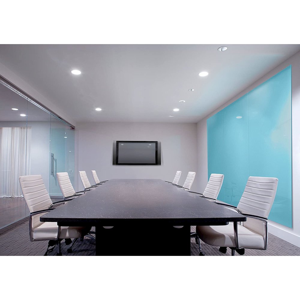 Ghent Aria 4'H x 5'W Magnetic Glass White Board, Blue Surface, Horizontal, 4 Rare Earth Magnets, 4 Markers and Eraser. Picture 4
