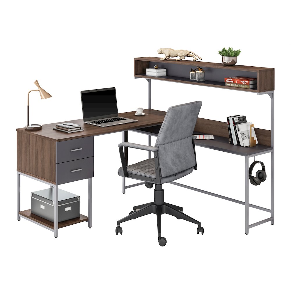 Techni Mobili L-Shape Desk with Hutch and Storage, Walnut. Picture 9