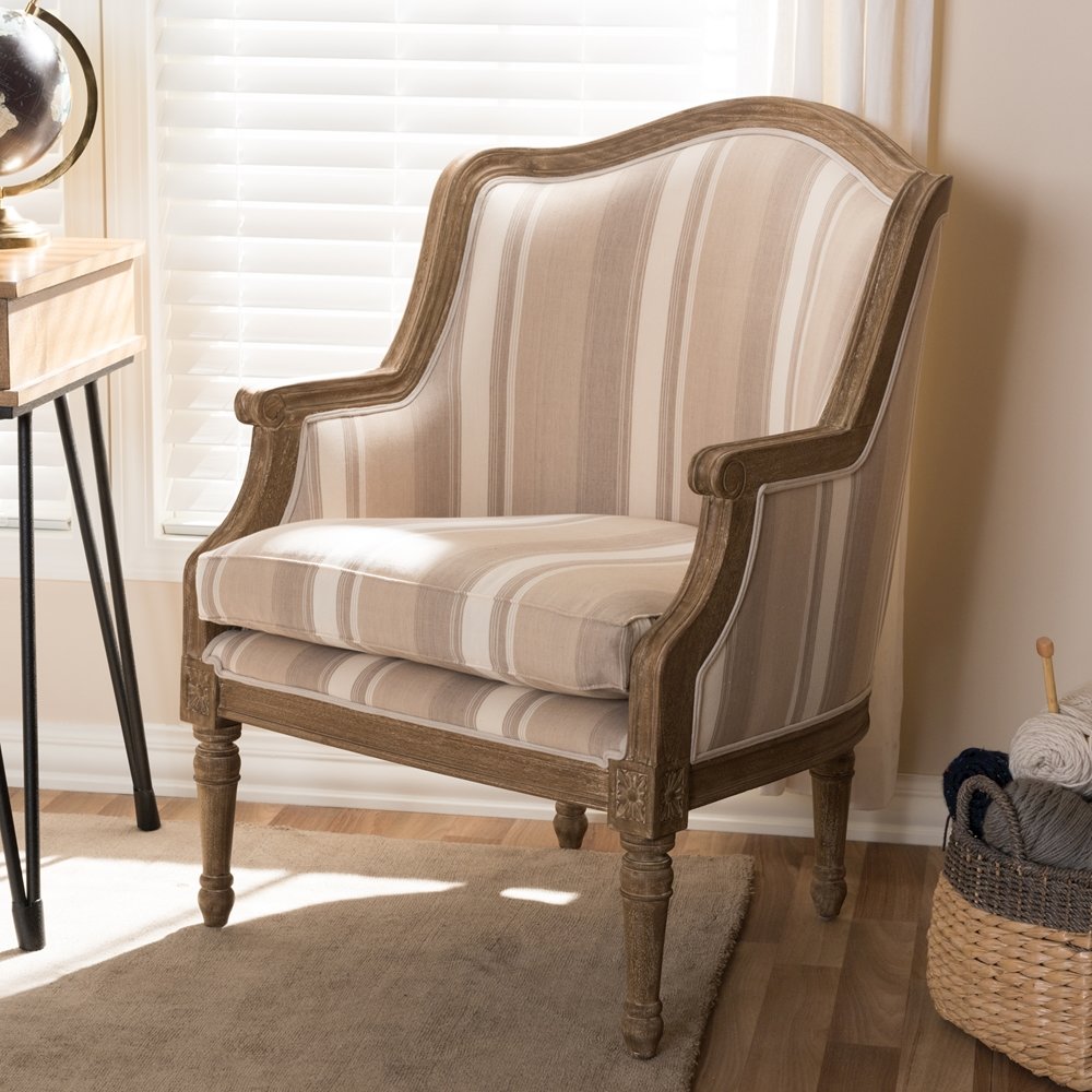 Baxton Studio Charlemagne Traditional French Accent Chair-Oak (Brown Stripe). Picture 8