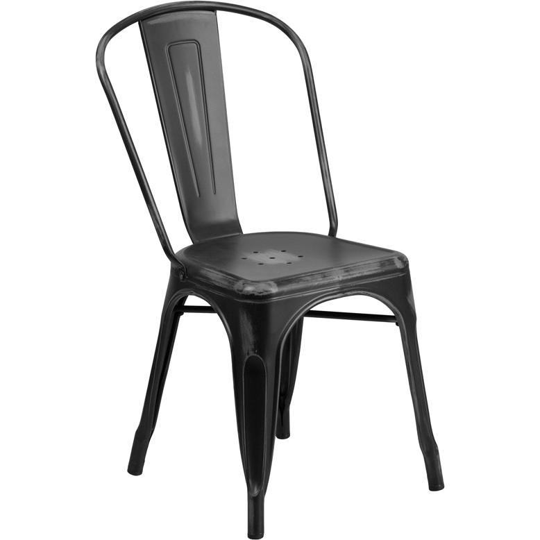 Commercial Grade Distressed Black Metal Indoor-Outdoor Stackable Chair. Picture 1