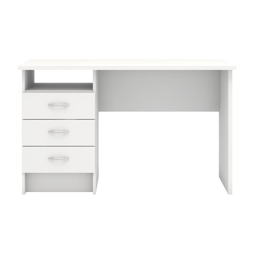 Sleek White Computer Desk with Three Drawers and Open Shelf for Storage. Picture 1