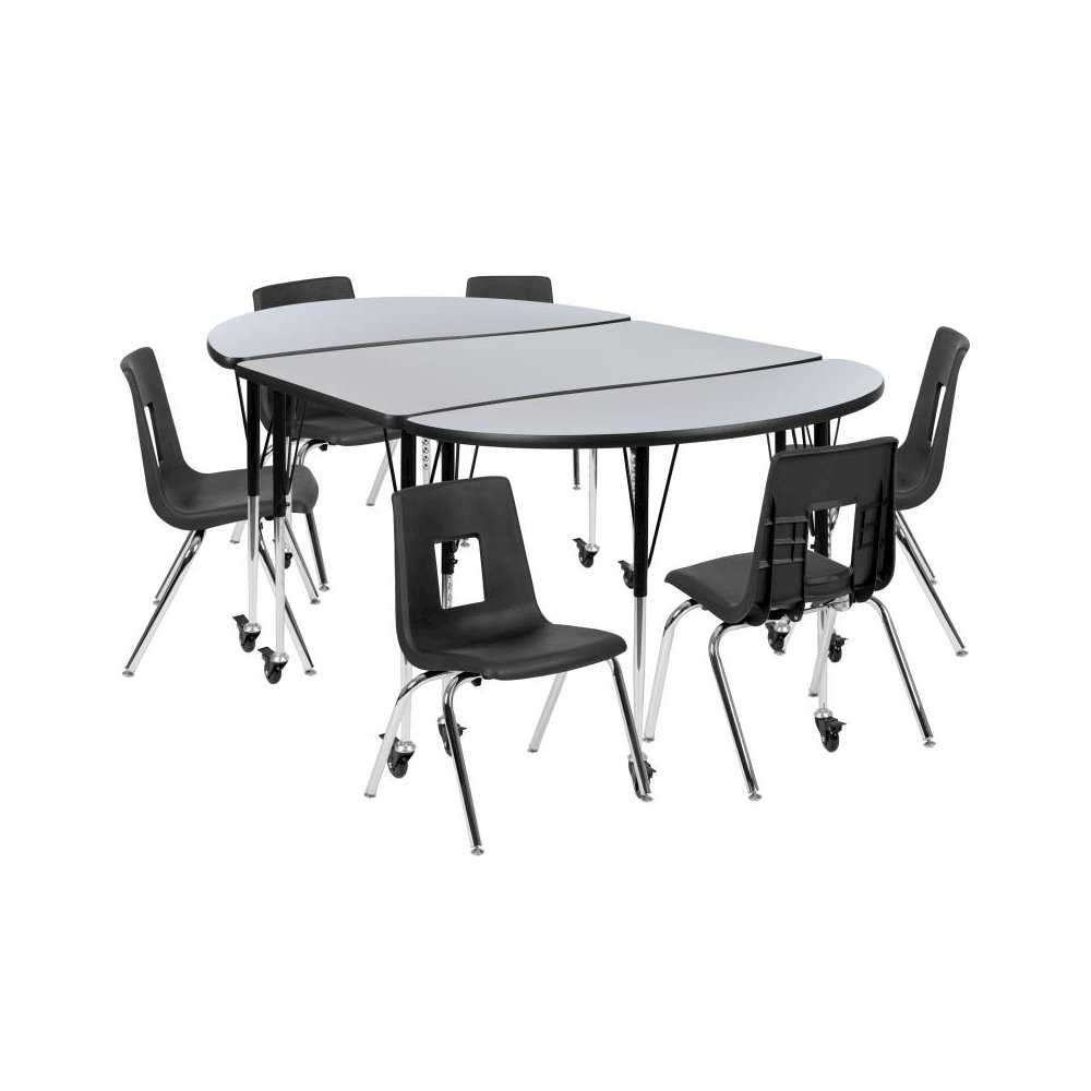 Mobile 76" Oval Wave Flexible Laminate Activity Table Set with 16" Student Stack Chairs, Grey/Black. Picture 1