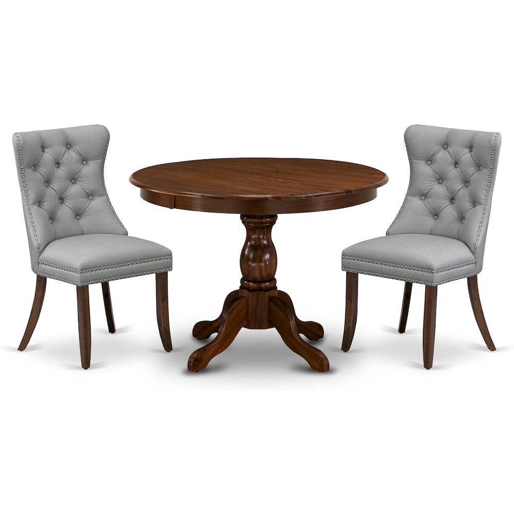 East West Furniture HBDA3-AWA-27 3 Piece Dining Room Table Set Includes a Round Kitchen Table and 2 Upholstered Parson Chairs, 42x42 Inch, Antique Walnut. Picture 1