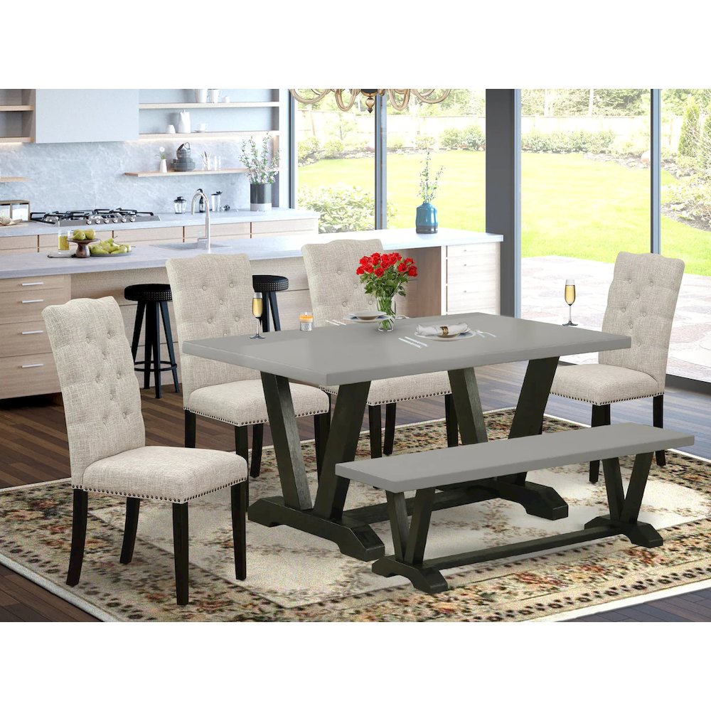 East West Furniture V697EL635-6 - 6-Piece Small Dining Table Set - 4 Kitchen Parson Chairs, a Beautiful Bench and a Rectangular Wood Table Solid Wood Frame. Picture 7