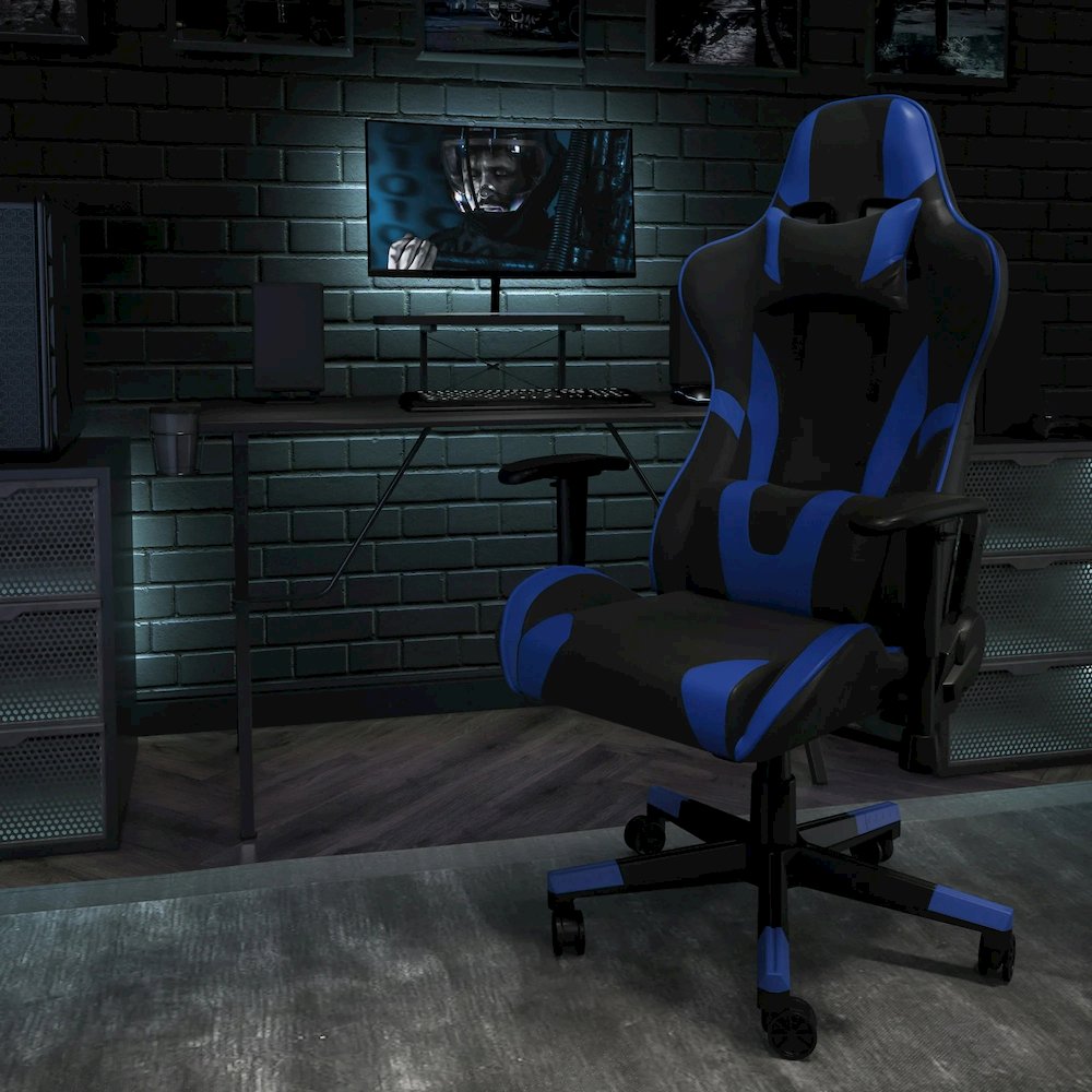 X20 Gaming Chair Racing Office Ergonomic Computer PC Adjustable Swivel Chair with Fully Reclining Back in Blue LeatherSoft. Picture 2