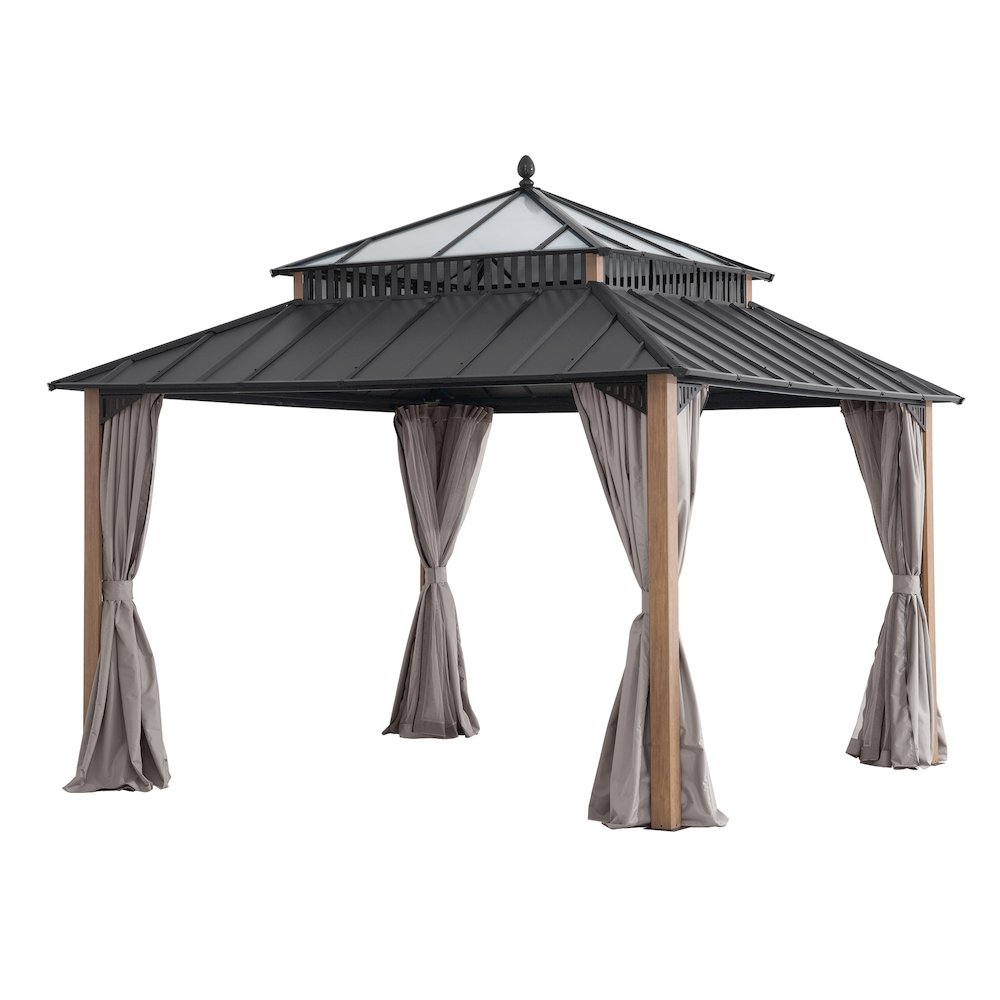 12 ft x 12 ft Kingston Hardtop Gazebo with PC Roof, Brown Aluminum Frame. Picture 1