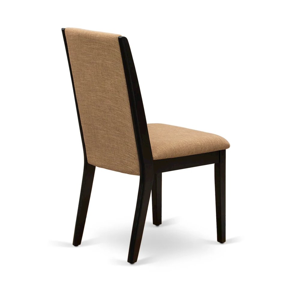 East West Furniture 3-Piece Dinner Table Set Include a Wood Table and 2 Light Sable Linen Fabric Padded Chairs with Stylish High Back - Black Finish. Picture 4