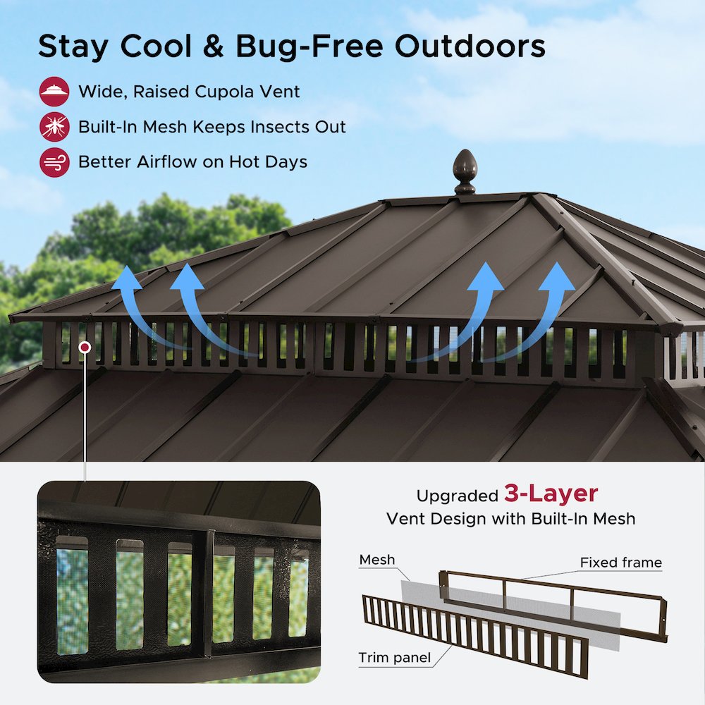 14 ft x 12 ft Aluminum Frame Steel Double Roof Hardtop Rectangular Gazebo, Brown. Picture 3