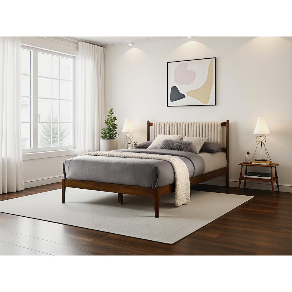 Ella Wooden Queen size Platform Bed in Walnut and Beige. Picture 7
