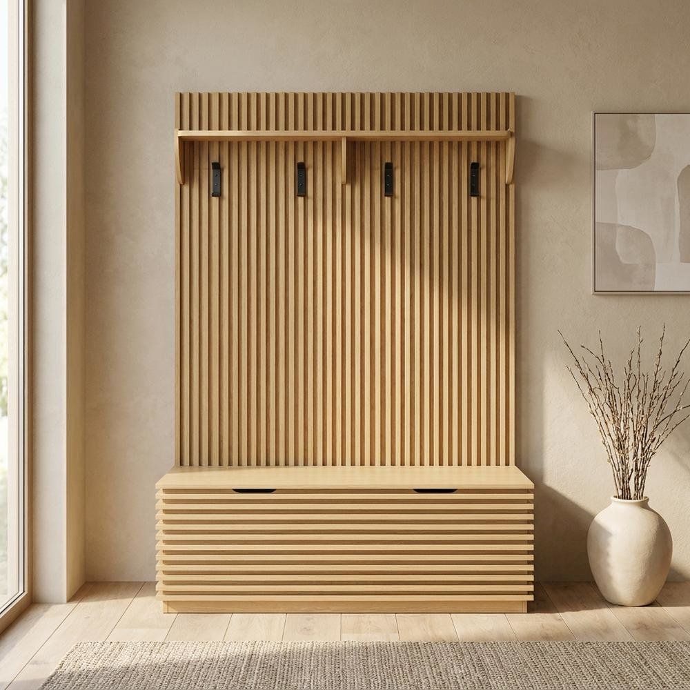 Fluted Hall Tree with Storage Bench, Coat Rack & Shoe Storage, Entryway, Oak. Picture 3