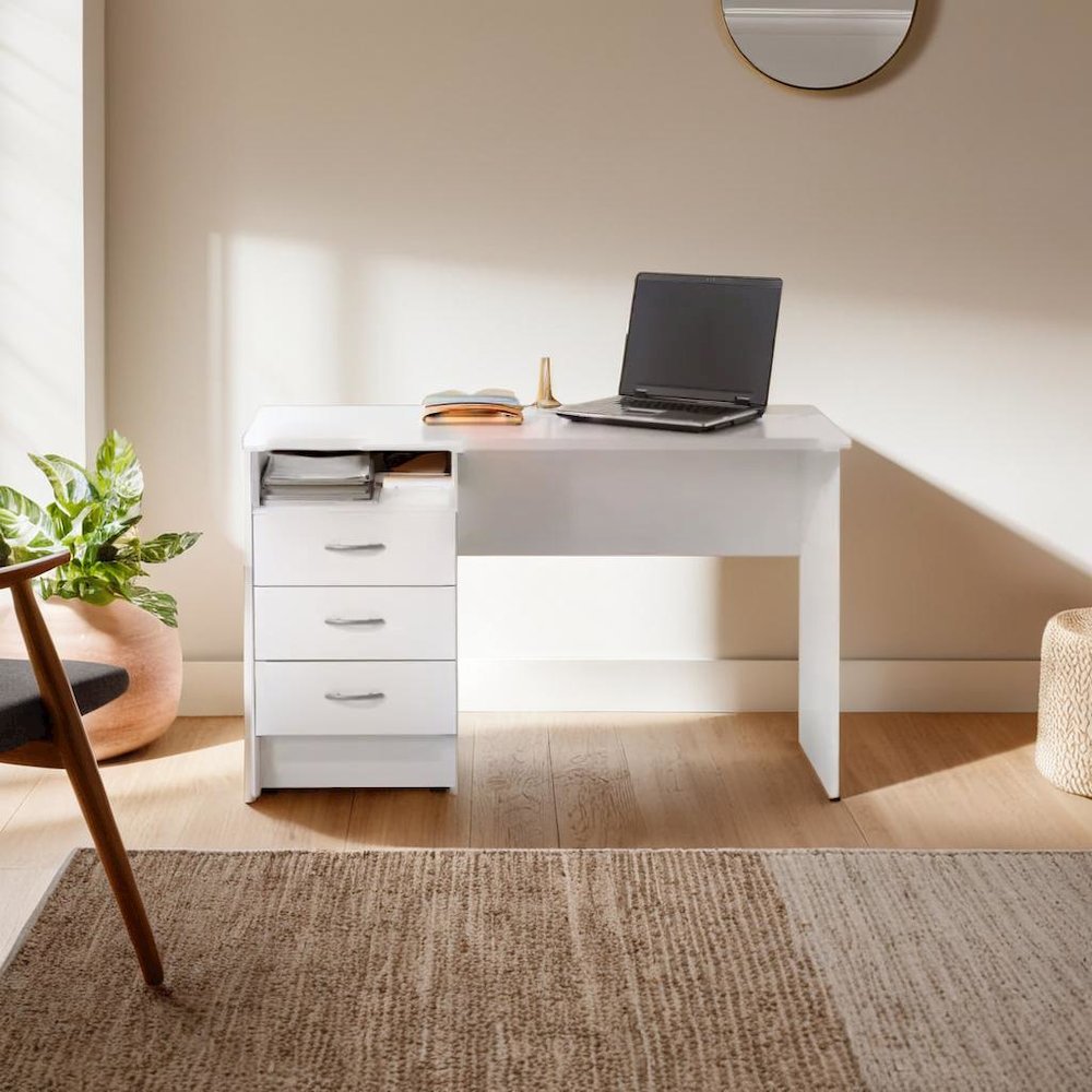Sleek White Computer Desk with Three Drawers and Open Shelf for Storage. Picture 4