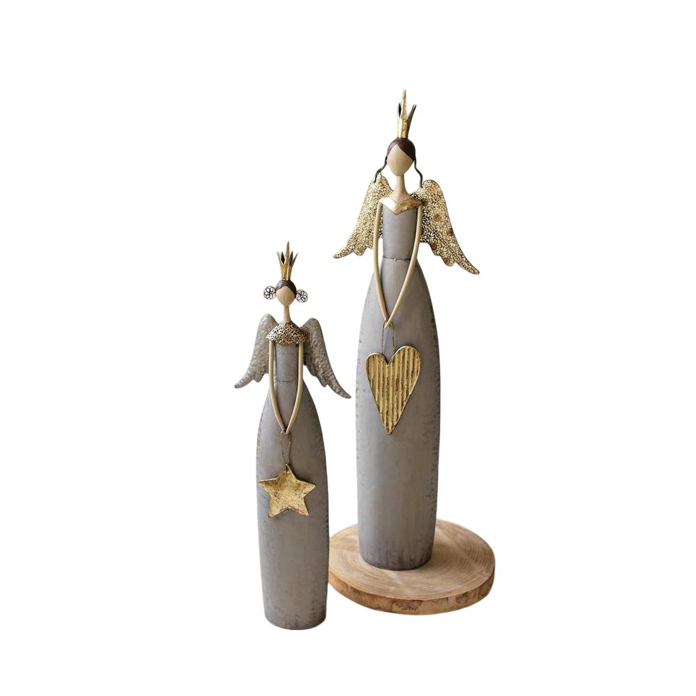 Set Of Two Gold & Grey Christmas Angels Holding Heart & Star. Picture 1