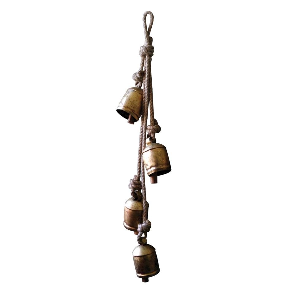 Four Rustic Iron Hanging Bells With Rope. Picture 1