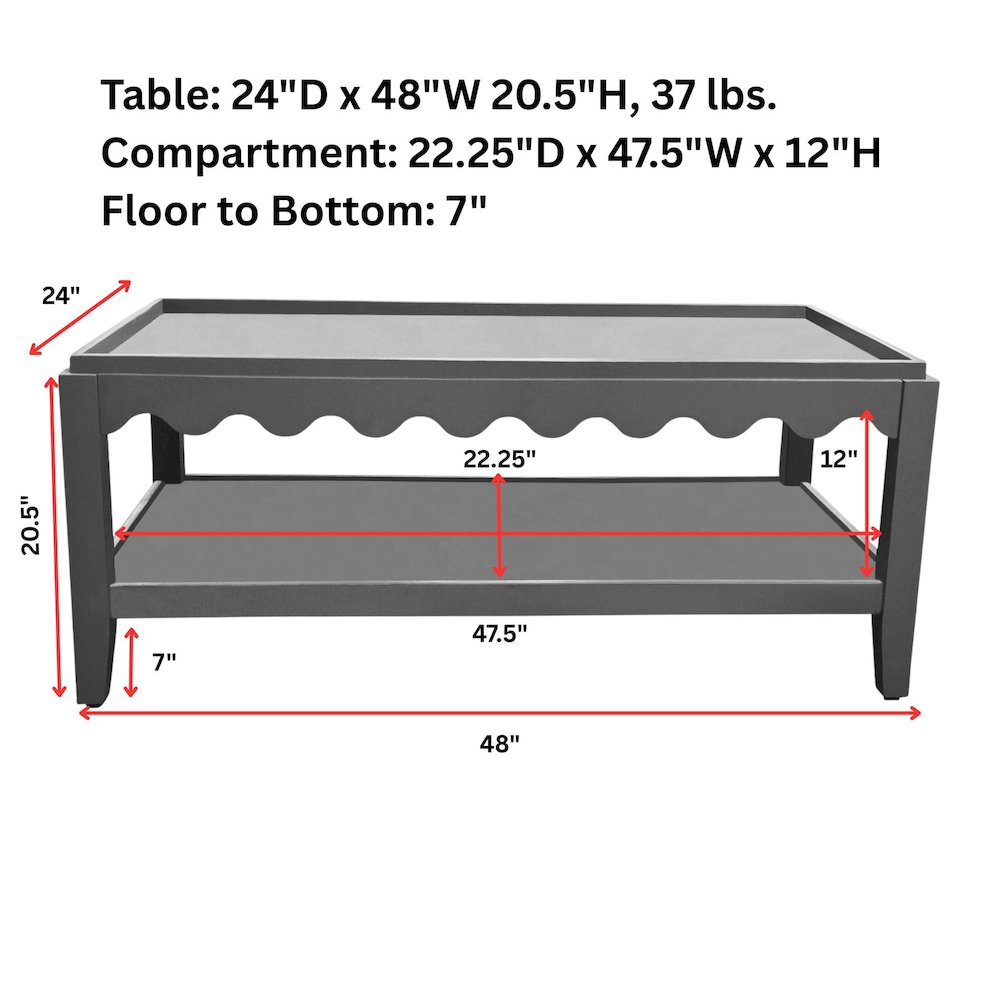 Scallop Coffee Table - Rectangular Mango Wood Side Table - Lower Shelf. Picture 11