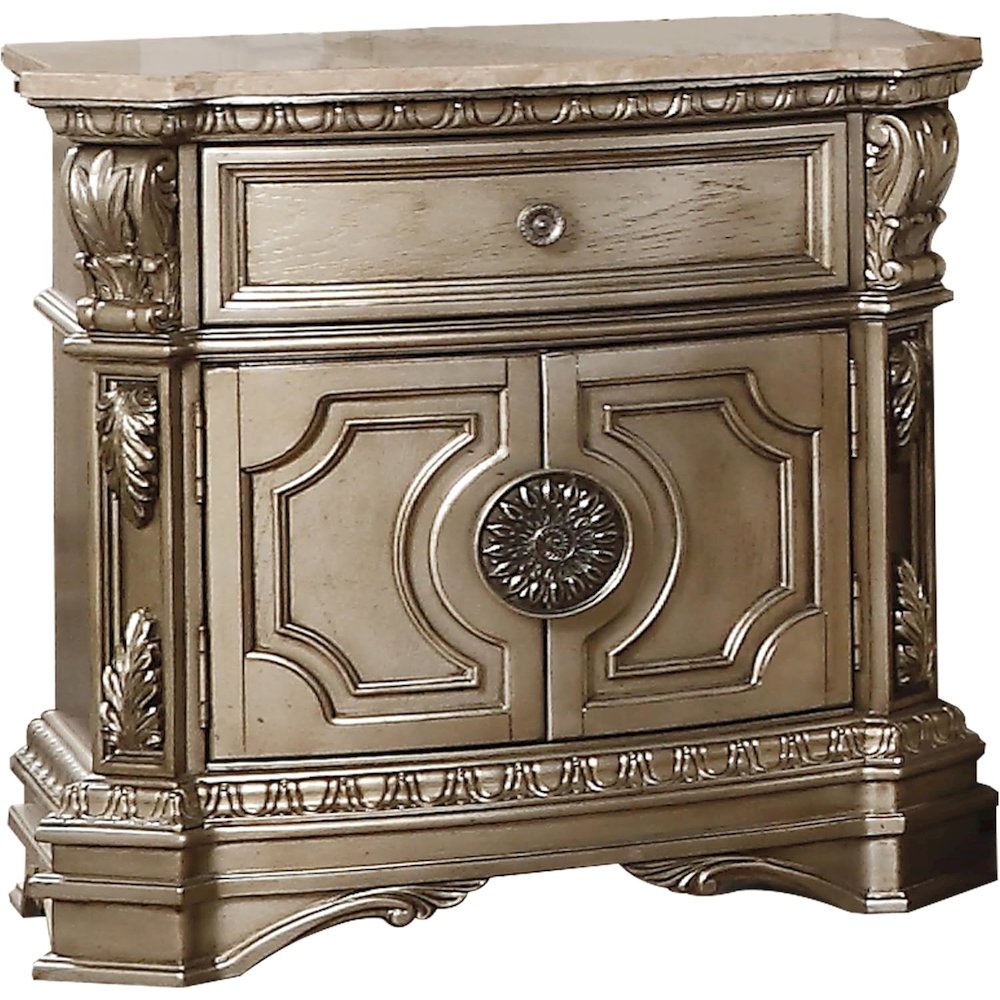 Northville Nightstand w/Natrual Marble Top Antique Silver. Picture 1
