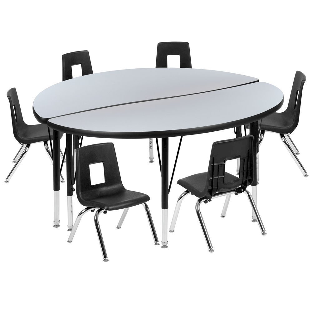 47.5" Circle Wave Flexible Laminate Activity Table Set with 12" Student Stack Chairs, Grey/Black. Picture 1