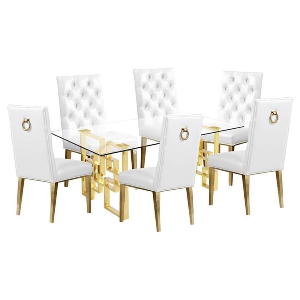 Gold Tempered Glass 7 Piece Dining Set Ring Chairs in White Faux Leather. Picture 1