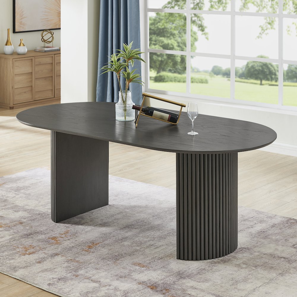Valencia 5-Piece 80" Oval Gray Oak Finish Dining Set with Dual Pedestal Base. Picture 2