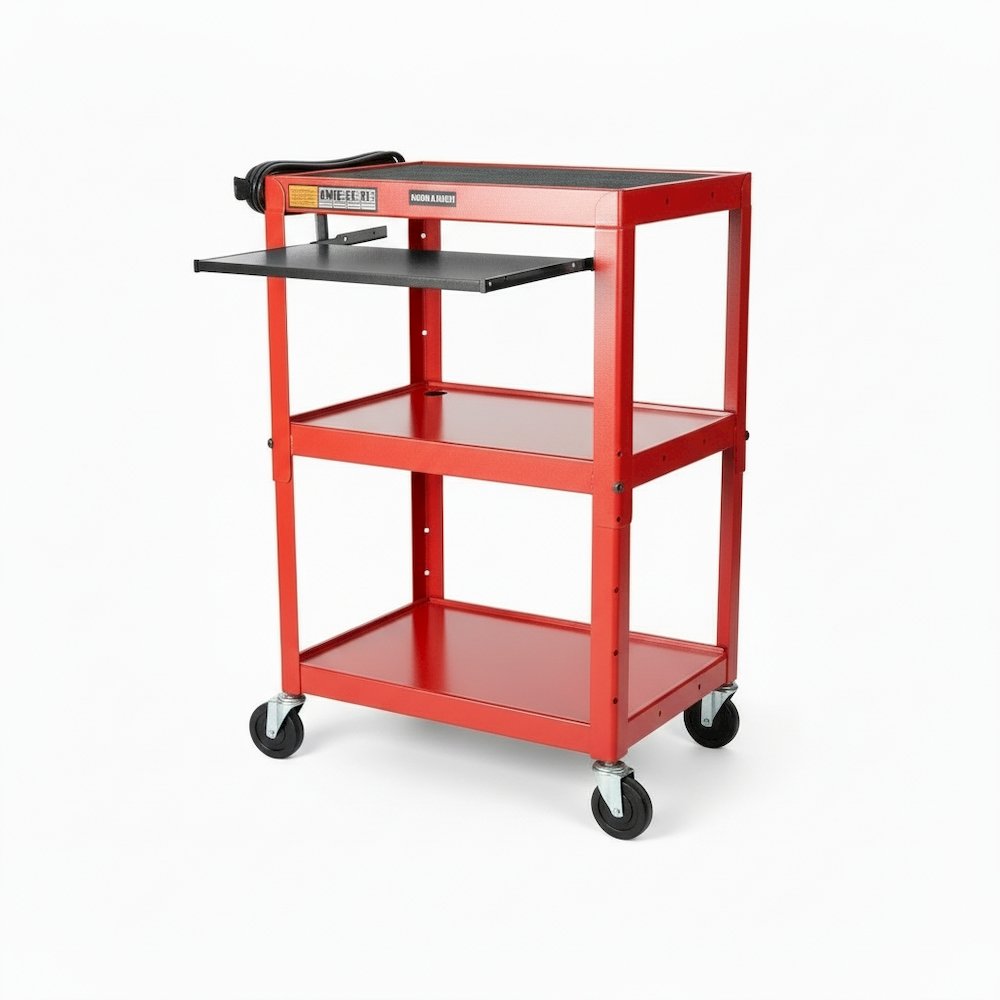 Adjustable-Height Three-Shelf Media Utility Cart - Pullout Keyboard Tray, Red. Picture 3