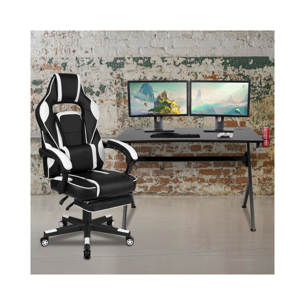 Gaming Desk with Cup Holder/Headphone Hook/Removable Mousepad Top & White Reclining Back/Arms Gaming Chair with Footrest. Picture 2