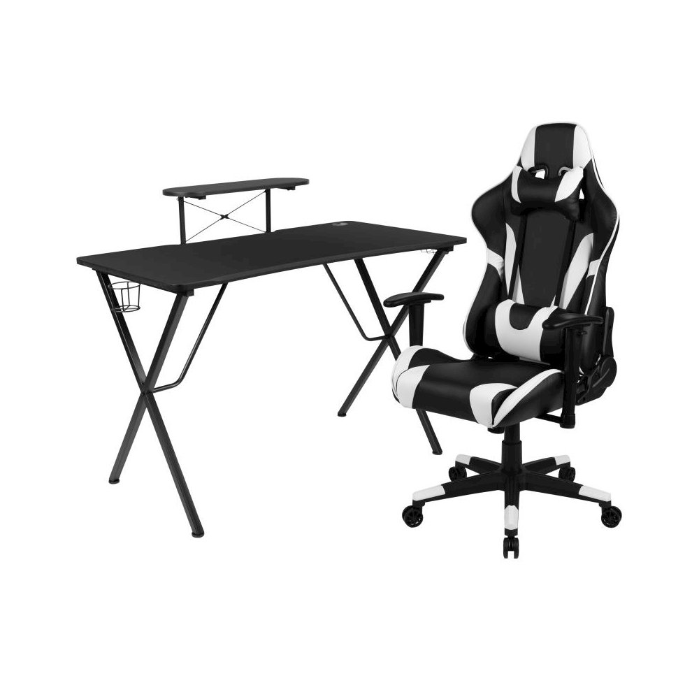 Black Gaming Desk and Black Reclining Gaming Chair Set with Cup Holder, Headphone Hook, and Monitor/Smartphone Stand. Picture 1
