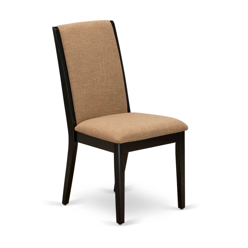 East West Furniture 3-Piece Dinner Table Set Include a Wood Table and 2 Light Sable Linen Fabric Padded Chairs with Stylish High Back - Black Finish. Picture 6