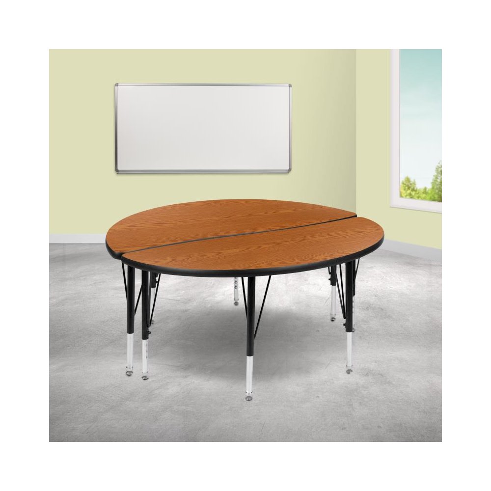 2 Piece 47.5" Circle Wave Flexible Oak Thermal Laminate Activity Table Set - Height Adjustable Short Legs. Picture 2