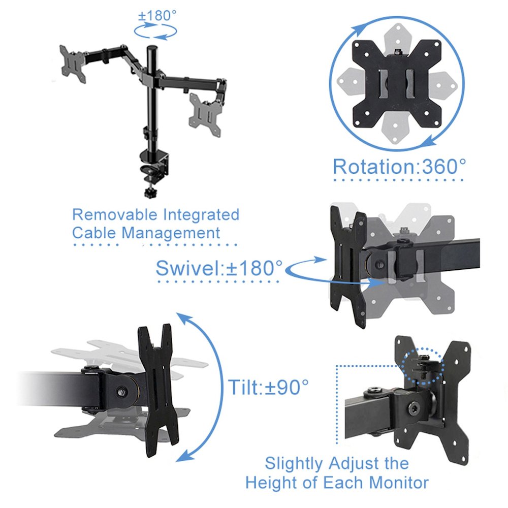 Rocelco Premium Desk Computer Monitor Mount - VESA pattern Fits 13" - 27" LED LCD Dual Flat Screen - Double Articulated Full Motion Adjustable Arm - Grommet and C Clamp - Black (R DM2). Picture 9