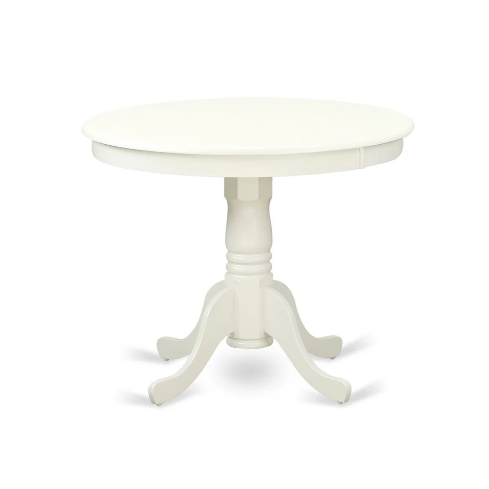 5 Piece Dining Room Table Set Includes a Round Kitchen Table with Pedestal and 4 White Faux Leather Upholstered Parson Chairs, Linen White. Picture 4