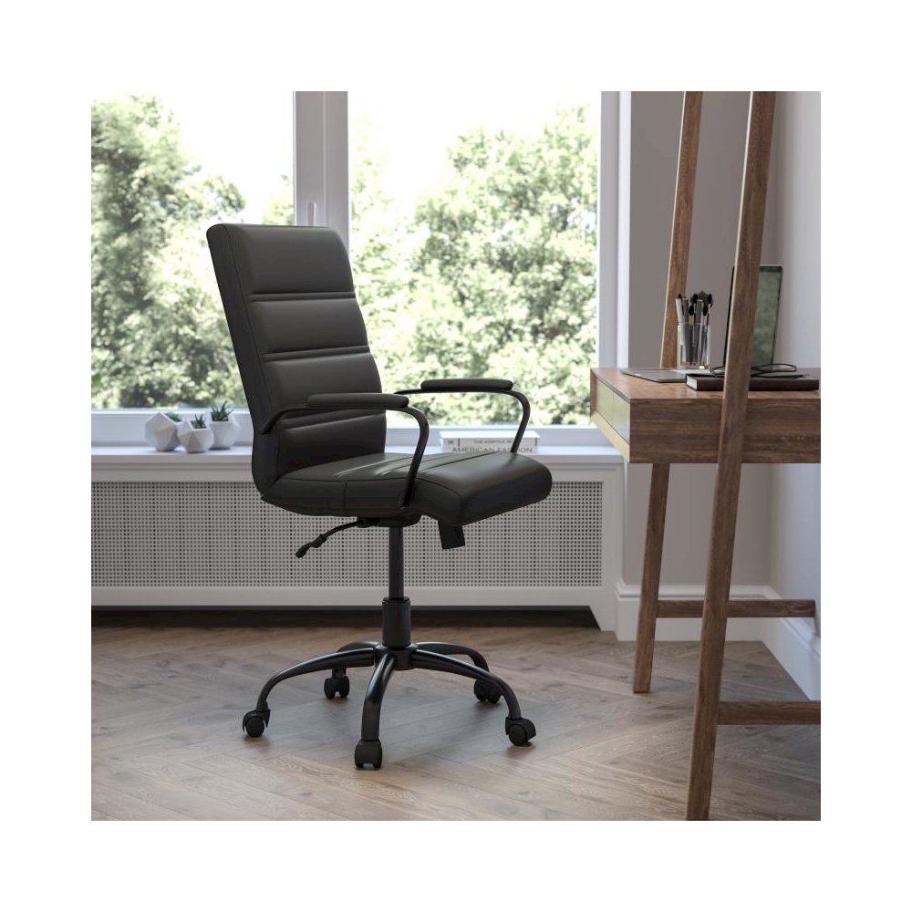 Mid-Back Black LeatherSoft Executive Swivel Office Chair with Black Frame and Arms. Picture 2