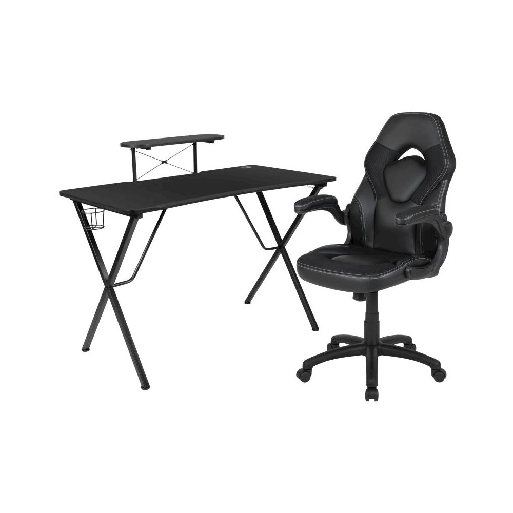 Black Gaming Desk and Black Racing Chair Set with Cup Holder, Headphone Hook, and Monitor/Smartphone Stand. Picture 1