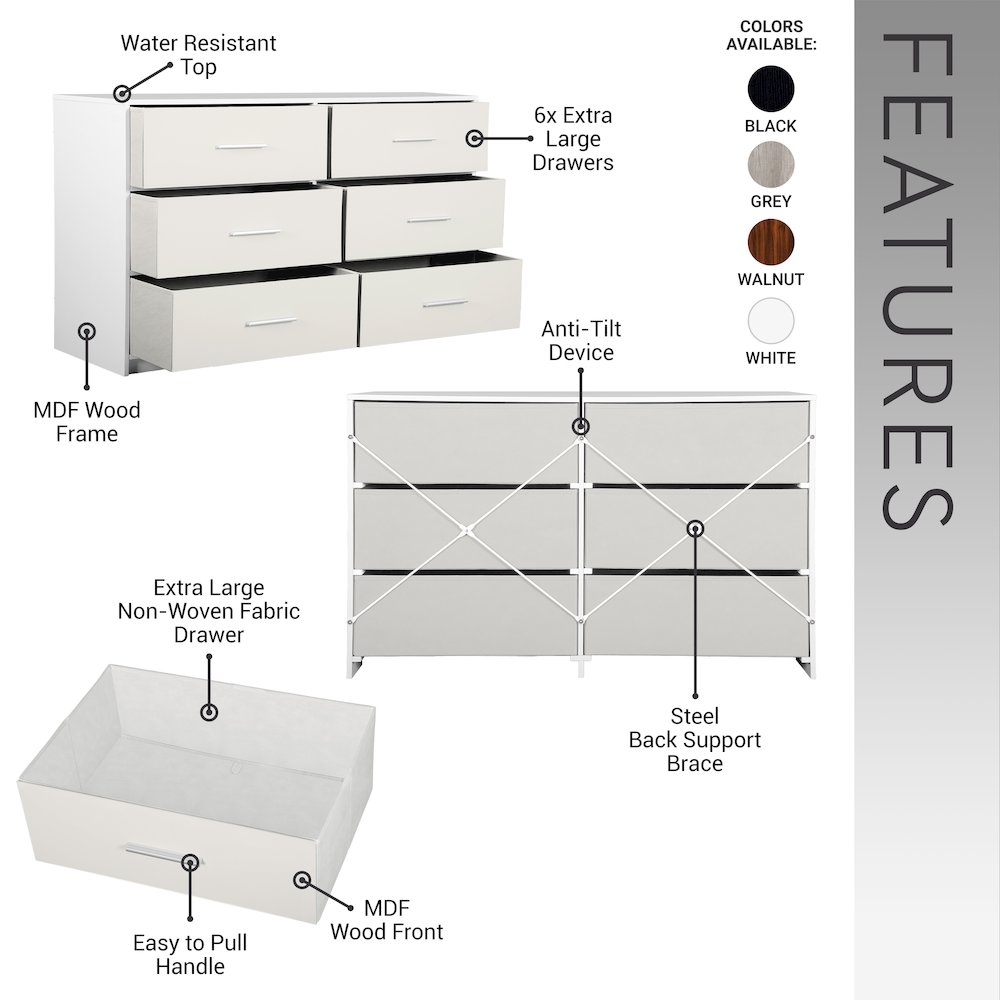 6-Drawer Dresser with Large Fabric Drawers, White. Picture 11