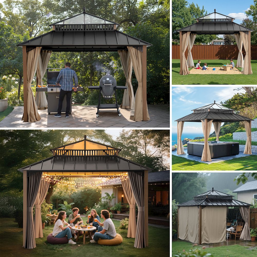12 ft x 12 ft Kingston Hardtop Gazebo with PC Roof, Brown Aluminum Frame. Picture 4