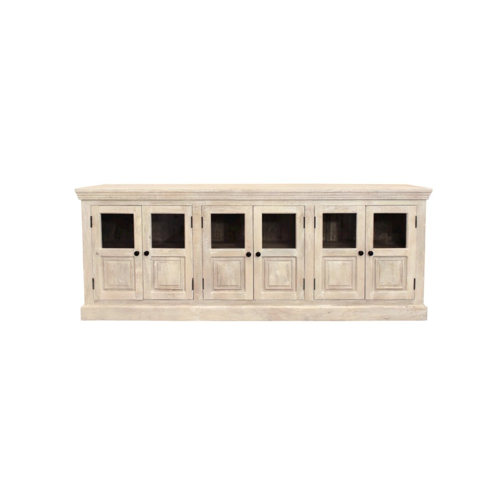 Tropez 6-Door Sideboard with Glass Panels in Distressed White. Picture 1