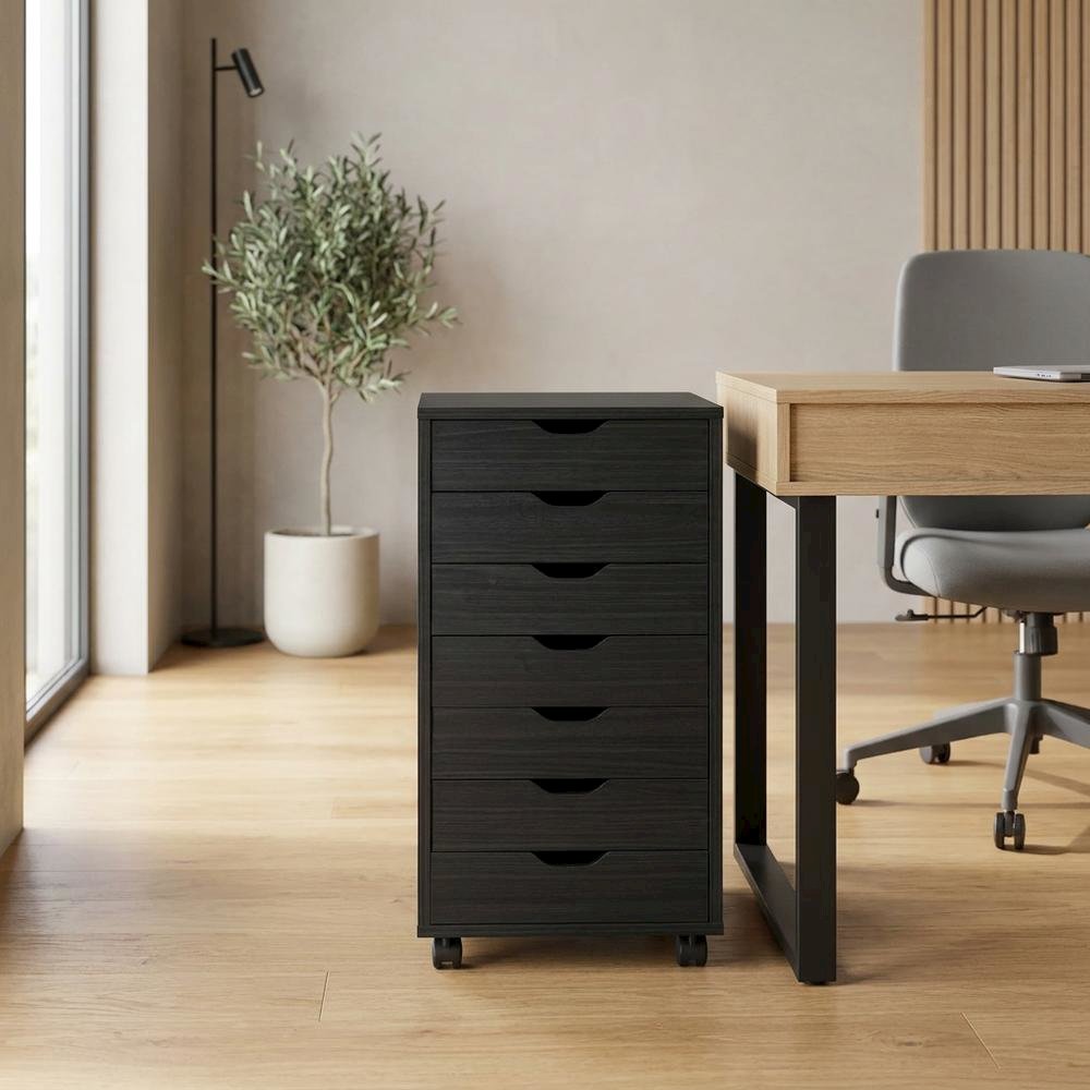 Composite Wood Rolling Storage Cabinet with Easy-Glide Drawers on Casters, Black. Picture 2