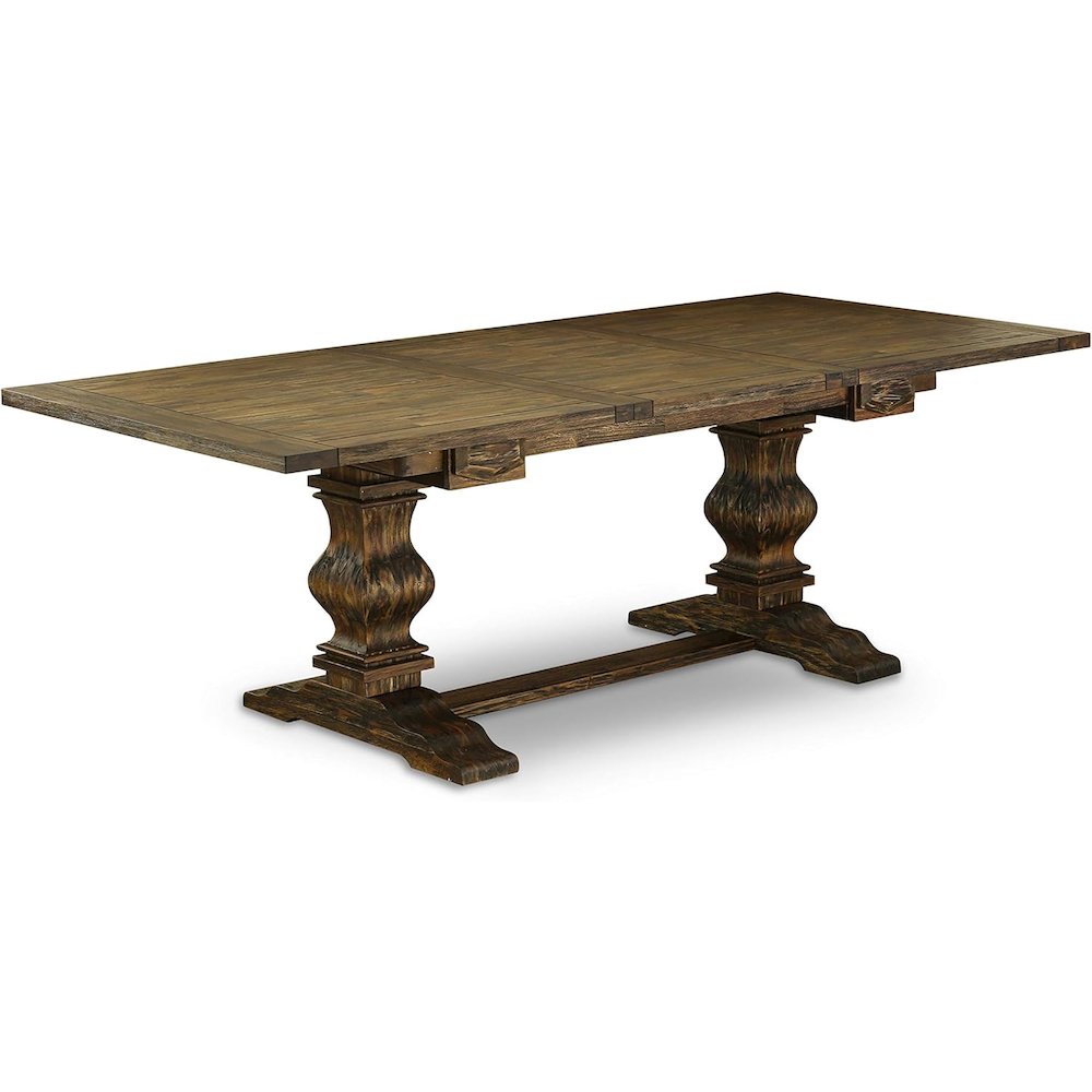 9 Piece Dining Set Includes a Rectangle Dining Room Table with Removable Leaf and 8 Grey Linen Fabric Upholstered Chairs, 42x92 Inch, Jacobean. Picture 3