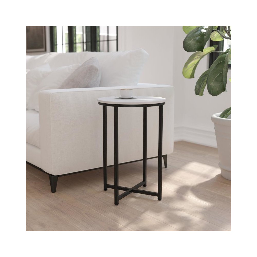End Table - Modern White Finish Accent Table with Crisscross Matte Black Frame. Picture 2