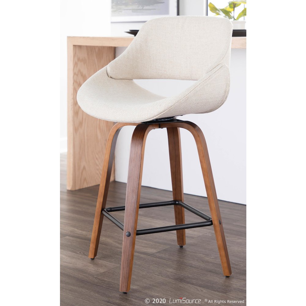 Walnut Wood, Cream Fabric, Black Metal Fabrico Counter Stool - Set of 2. Picture 9