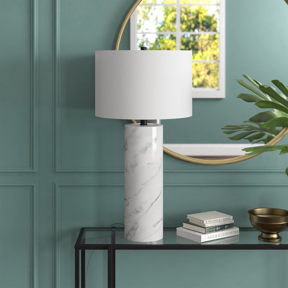 Elise 30"" Tall Table Lamp with Fabric Shade in Marble/Black/White. Picture 4