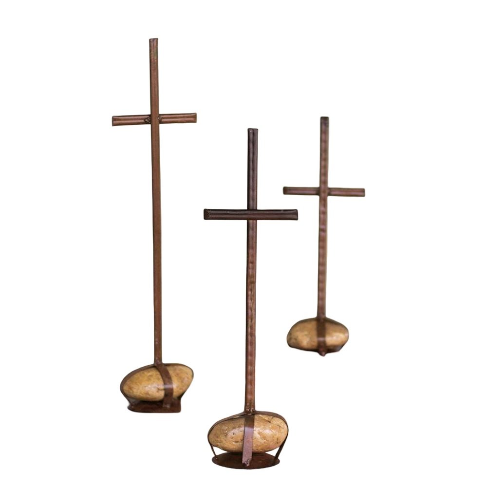 Set Of Three Scrap Metal Crosses With Caged Rock Bases. Picture 1