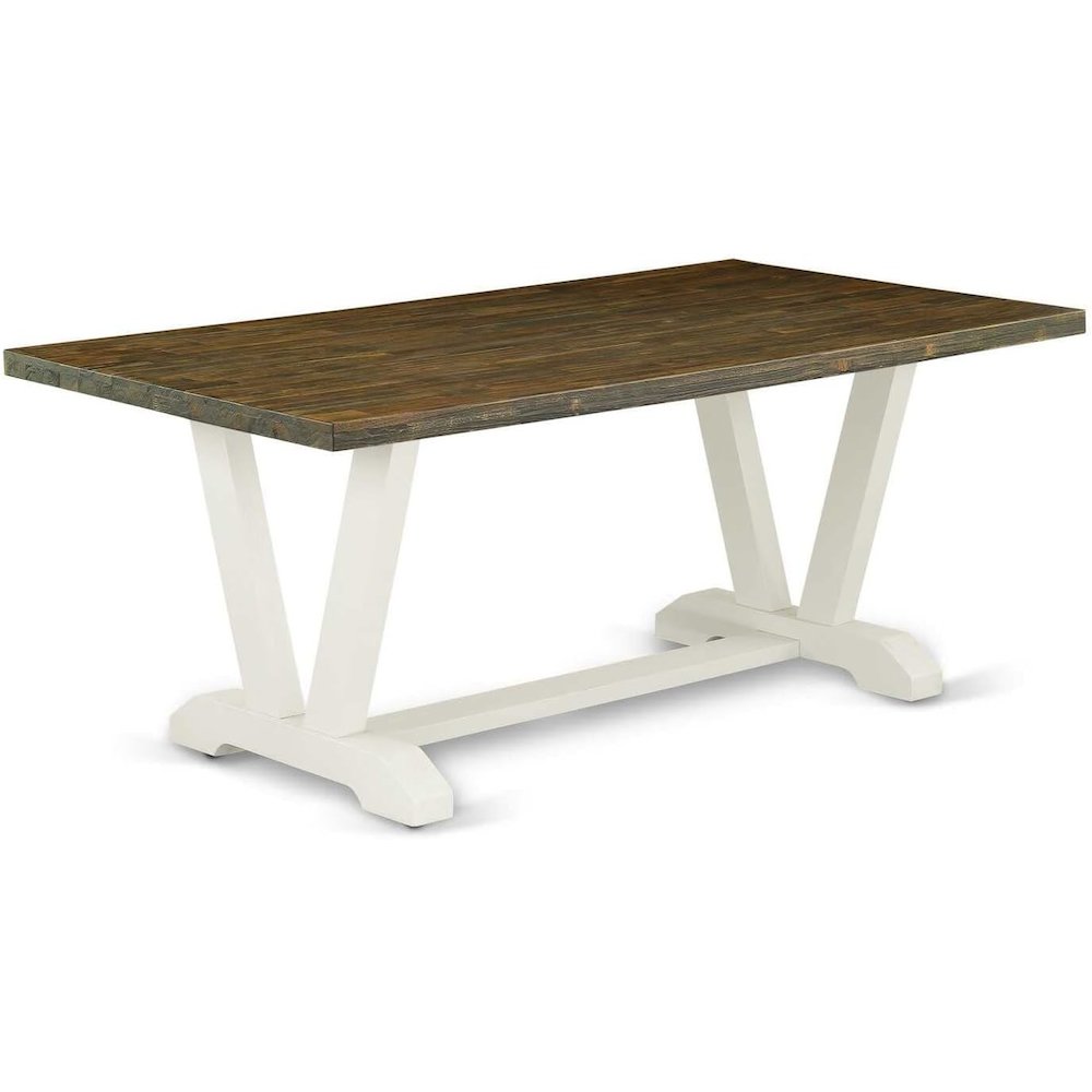 East West Furniture 1-Piece Kitchen Table with Rectangular Distressed Jacobean Table top and Linen White Wooden Legs Finish. Picture 1