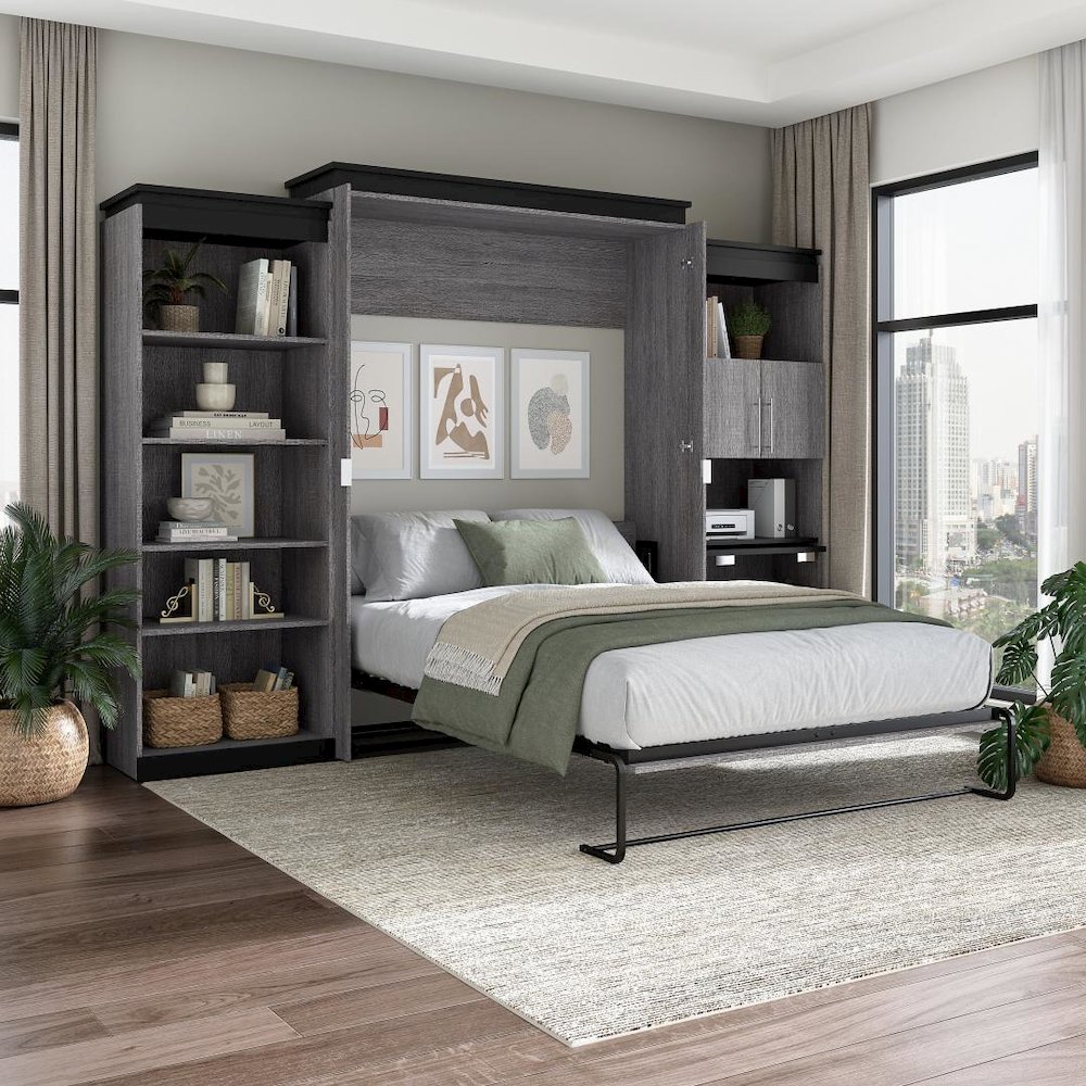 Queen Murphy Bed with Shelves and Storage Cabinet with Fold-Out Desk (126W). Picture 15