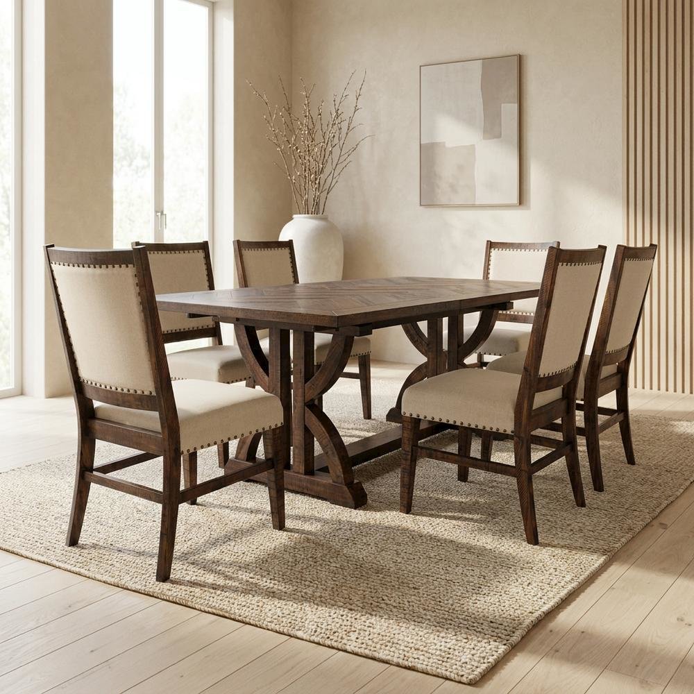 Acacia Veneer Farmhouse Dining Table 7-Piece with Upholstered Chairs, Oak. Picture 3