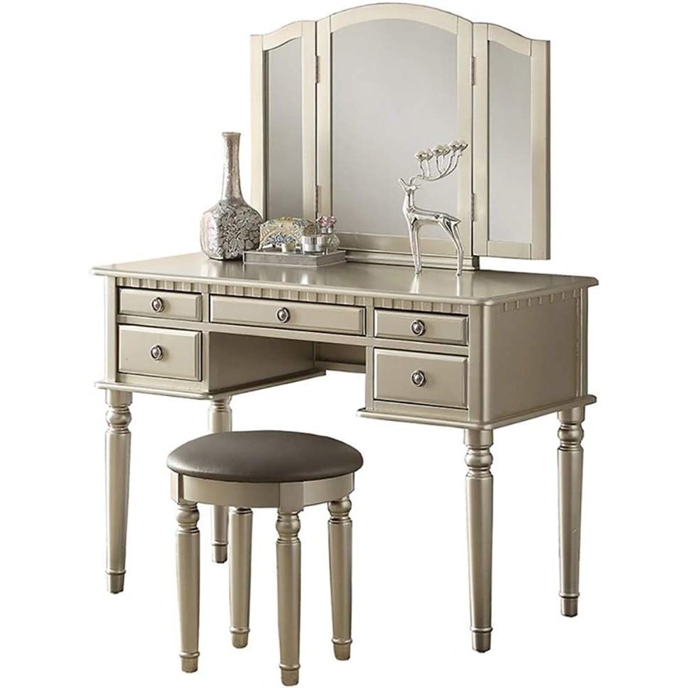 Poundex Wooden Makeup Vanity Set Desk, Mirror and Stool - Silver, 43" W x 19" D x 54" H, Package Weight 91. Picture 4