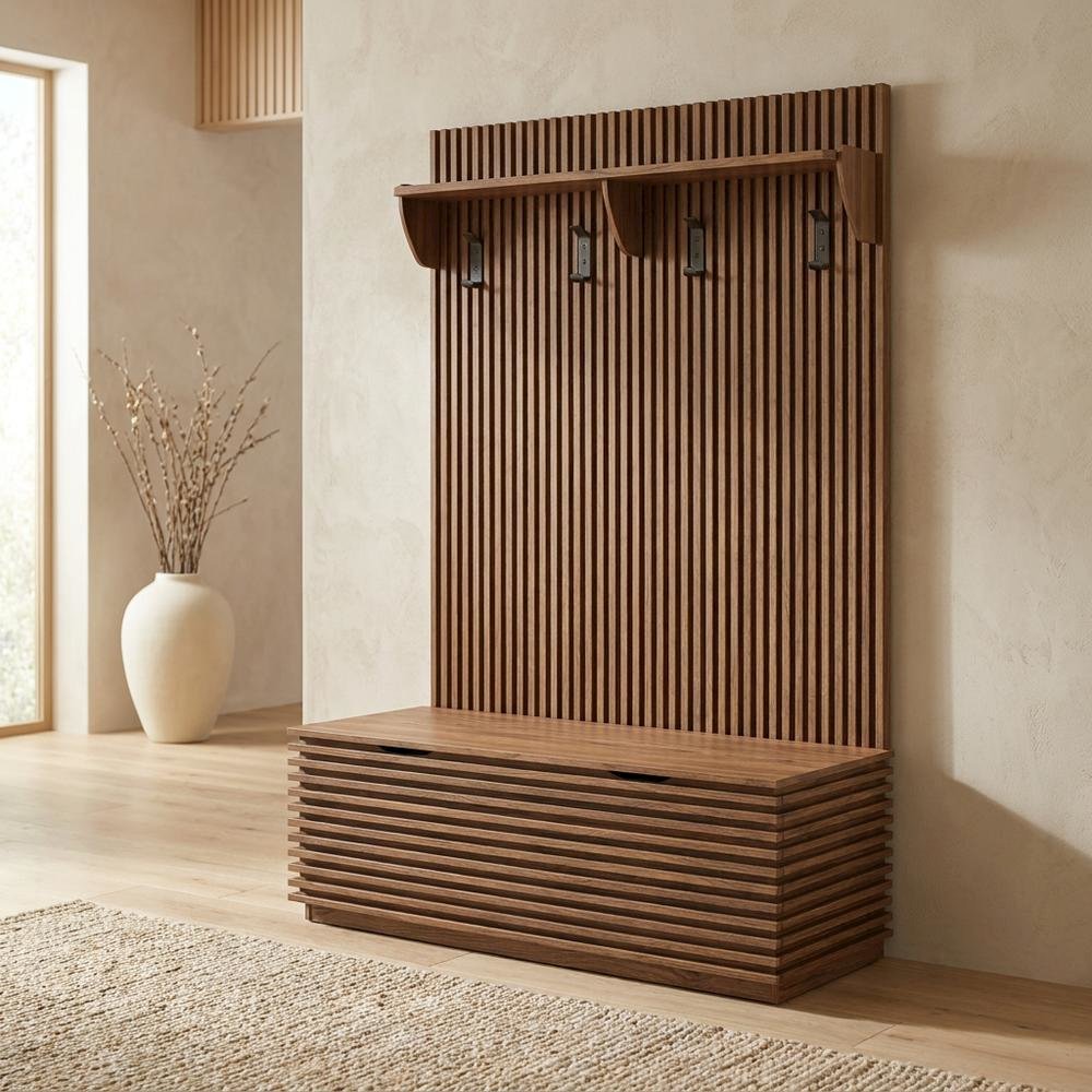 Fluted Hall Tree with Storage Bench, Coat Rack & Shoe Storage, Entryway, Walnut. Picture 2