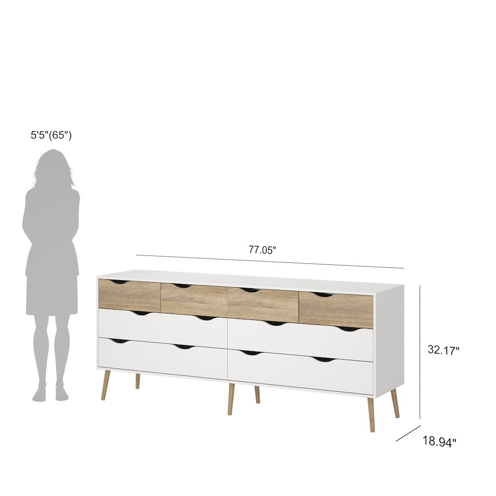 Diana 2-Piece Bedroom Set - 8 Drawer Double Dresser and Nightstand, White/Oak. Picture 7